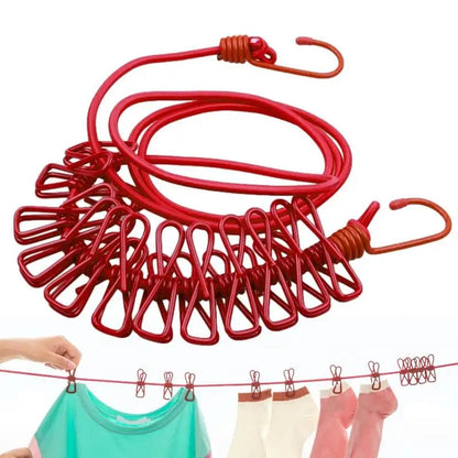 Clothesline Rope Elastic Cloth Drying Hanging Rope with 12 Clips and 2 Hooks Travel Clothesline Hanging Laundry Drying Rope 180CM